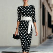 Retro Polka-Dot Belted Bodycon Dress – Elegant Knit Midi Dress for Women Canada