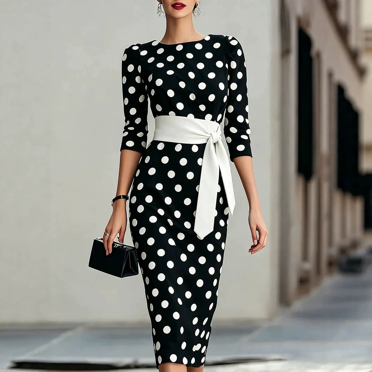 Retro Polka-Dot Belted Bodycon Dress – Elegant Knit Midi Dress for Women Canada