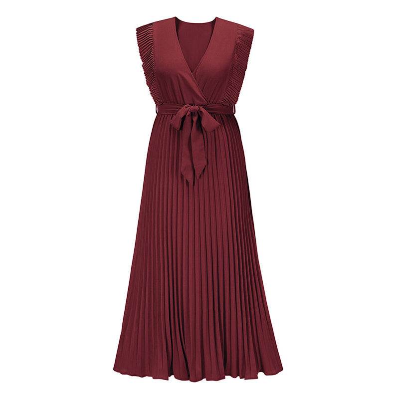 Maxi Dresses For Women - Elegant V Neck Ruffled Sleeves Empire Waist Pleated Flowy Dress