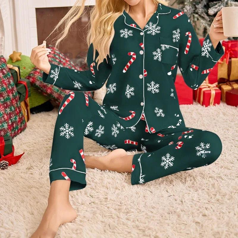 Holiday Pajamas Women's Lapel Cardigan Long Sleeve Pants Suit Women's