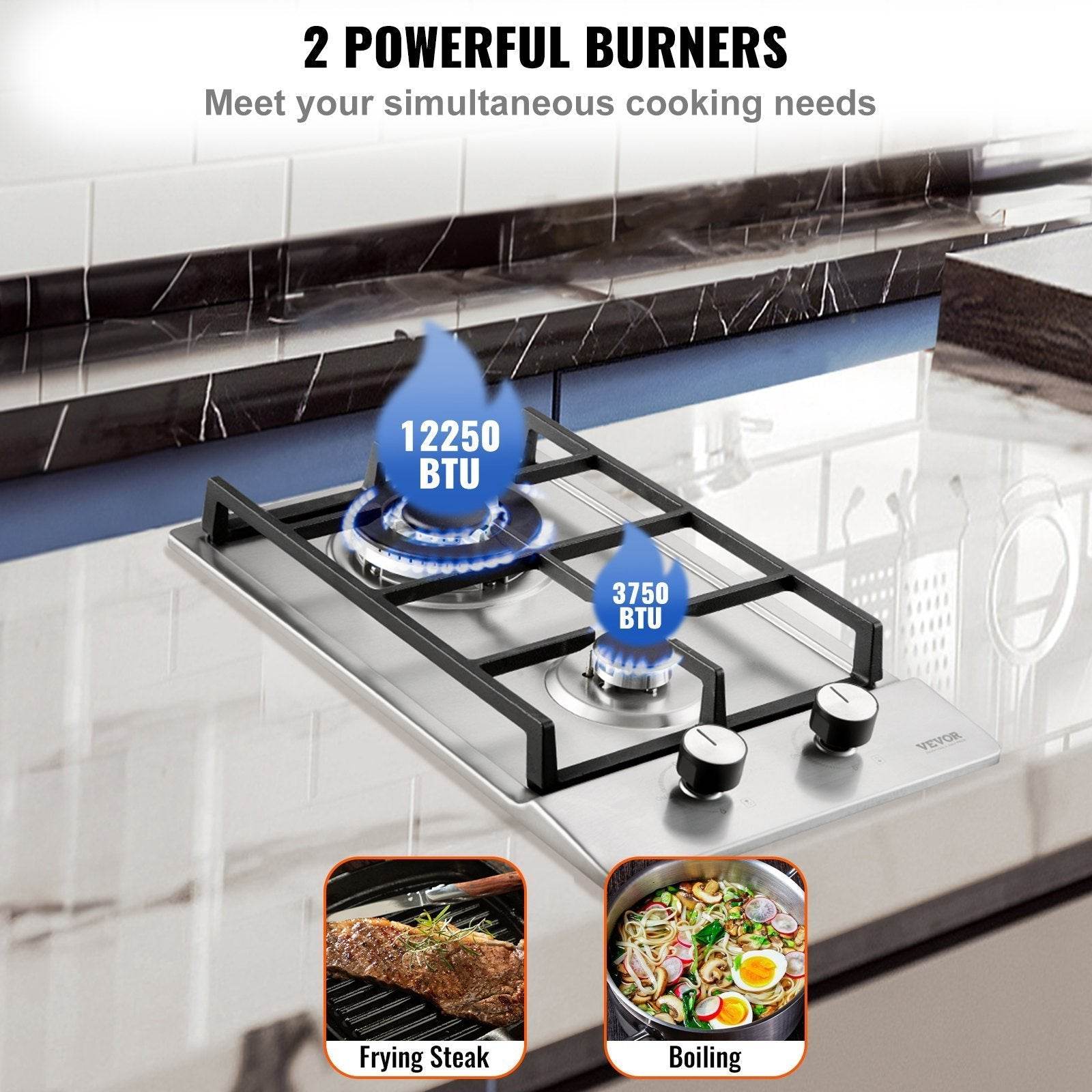 Gas Cooktop 12 Inch, Max 12250BTU 2 Burners Built-in Stainless Steel Gas Stove Top, LPG NG Convertible Dual Fuel Natural Gas Hob With Thermocouple Protection