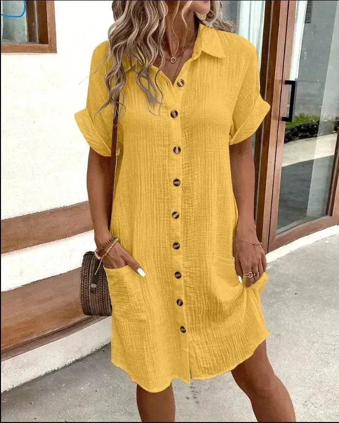 Womens Button Down Shirt Dress Summer Cotton Linen Dress V-Neck Mini Dress Casual Short Sleeve Loose Tunic Dresses