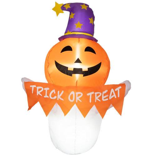 Outsunny 3.4ft Halloween Inflatables Window Sticker Ghost With Orange Face, Blow Up Halloween Decorations Outdoor LED Yard Display, Waterproof