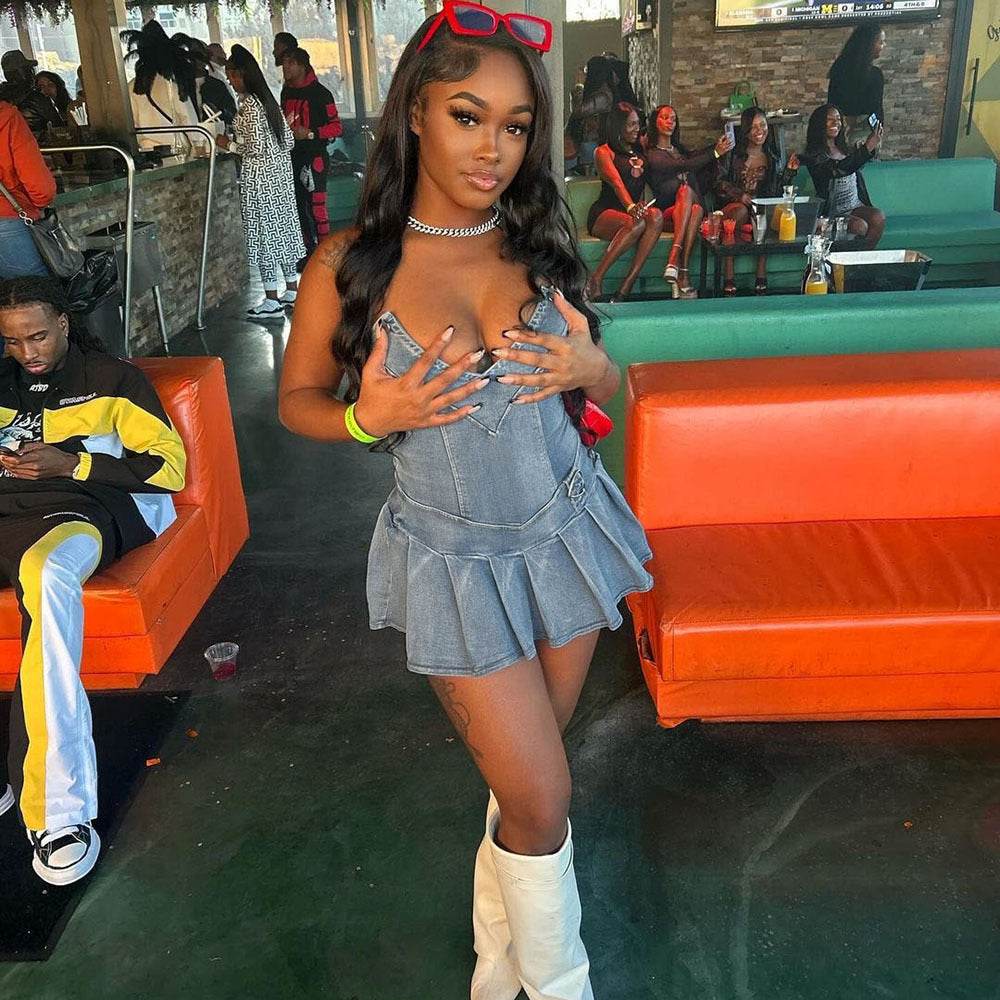 Hot Girl French Pleated V-neck Denim  Tube top Dress