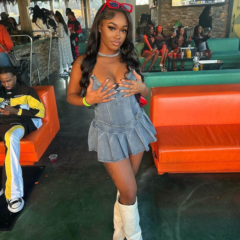 Hot Girl French Pleated V-neck Denim  Tube top Dress