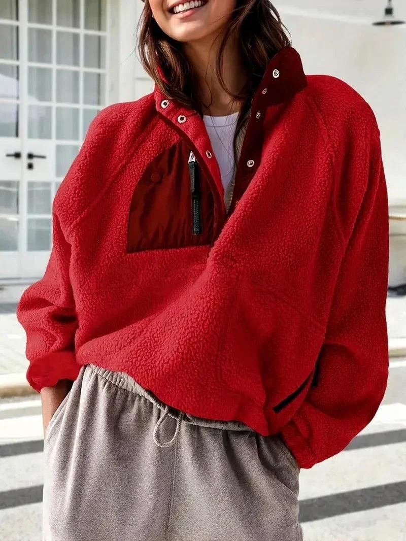 Women's Fashion Sweatshirt Fleece Stand Collar Zipper Pocket Top
