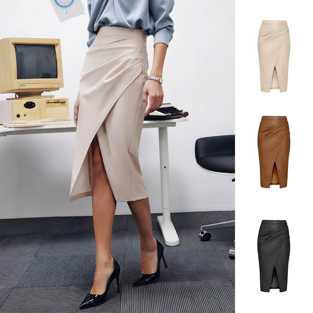 Women Formal Work Office Business High Waist Front Slit Midi Leather Skirt