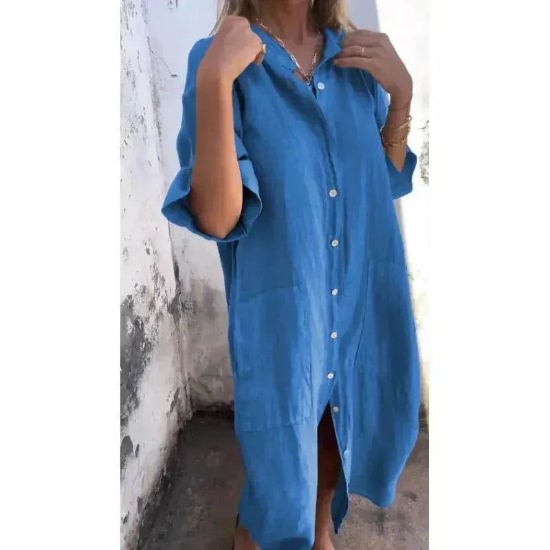Women's Cotton Linen Shirt Dress – Loose Casual Button-Down A-Line Dress