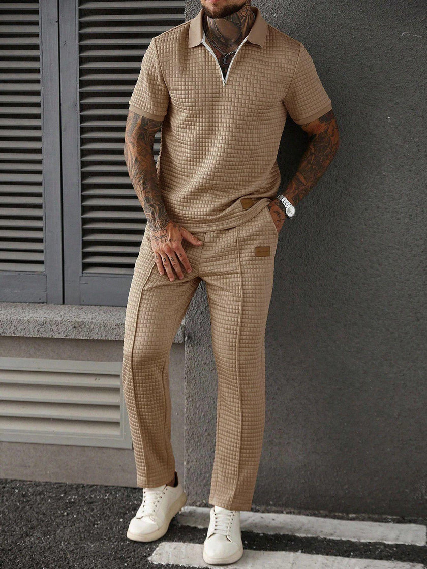 Men's Zip-Up Polo Shirt and Pants Two-Piece Set