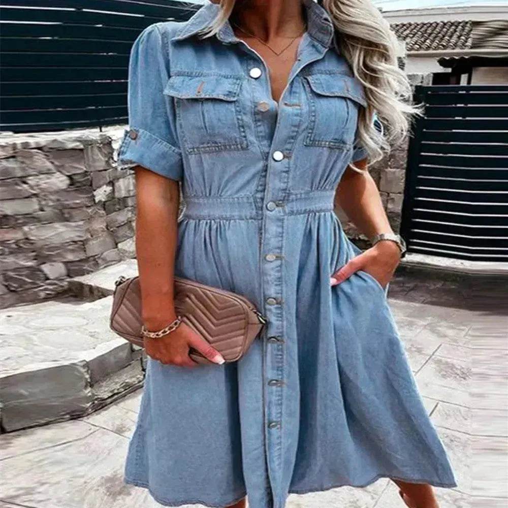 Women's Lapel Breasted Slim-fit Slimming Temperament Blue Denim Midi Skater Dress