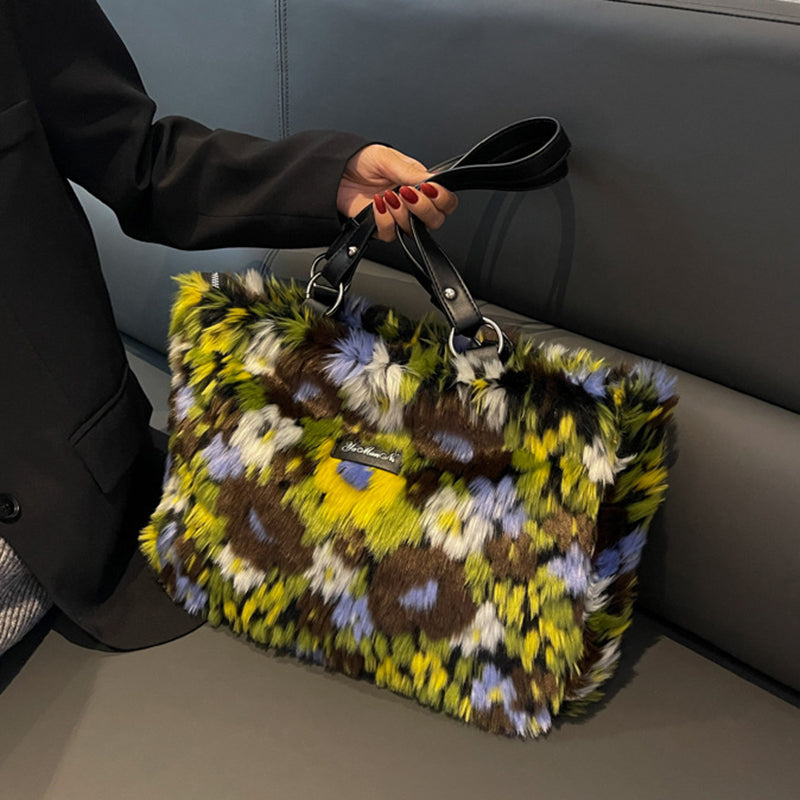 Women's Winter Plush Floral Shoulder Bag – Large Tote Handbag (White & Decor)