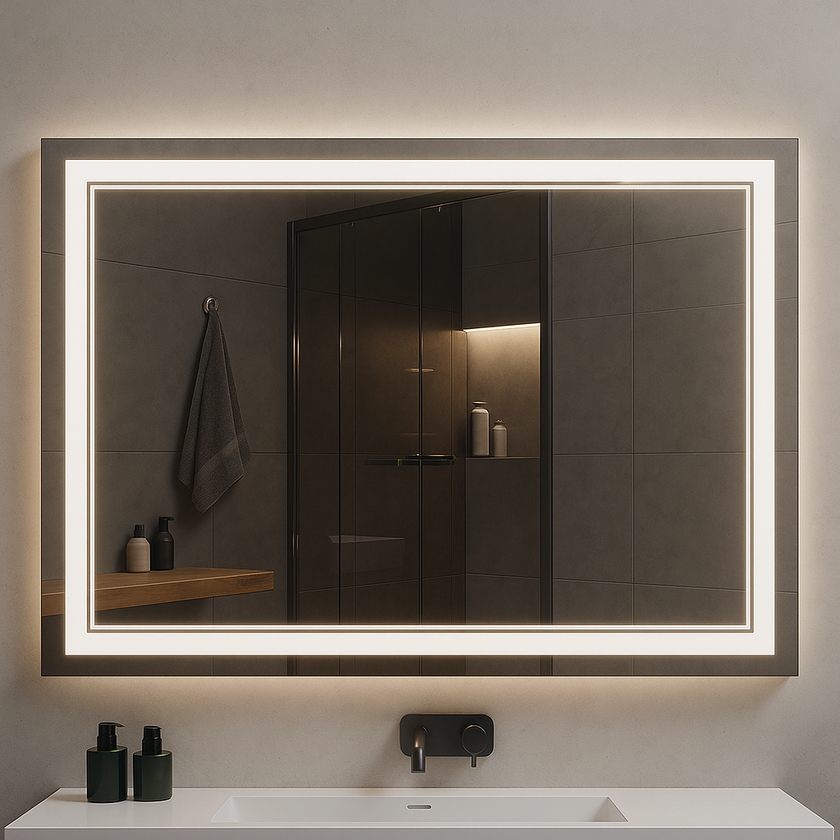 Nebula PureGlow Backlit LED Bathroom Mirror with Frosted Perimeter — Dimmable, Anti-Fog & 3-CCT (3000K/4000K/5000K) | 24–60