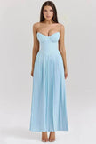 Luxury Blue Strapless Slimming Pleated Long Dress Elegant Tube Dress for Wedding Cocktail Evening Party Events.