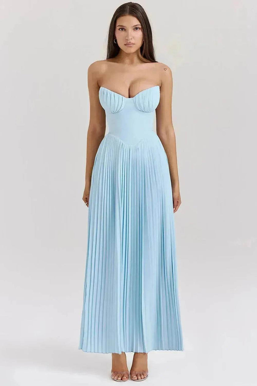 Luxury Blue Strapless Slimming Pleated Long Dress Elegant Tube Dress for Wedding Cocktail Evening Party Events.