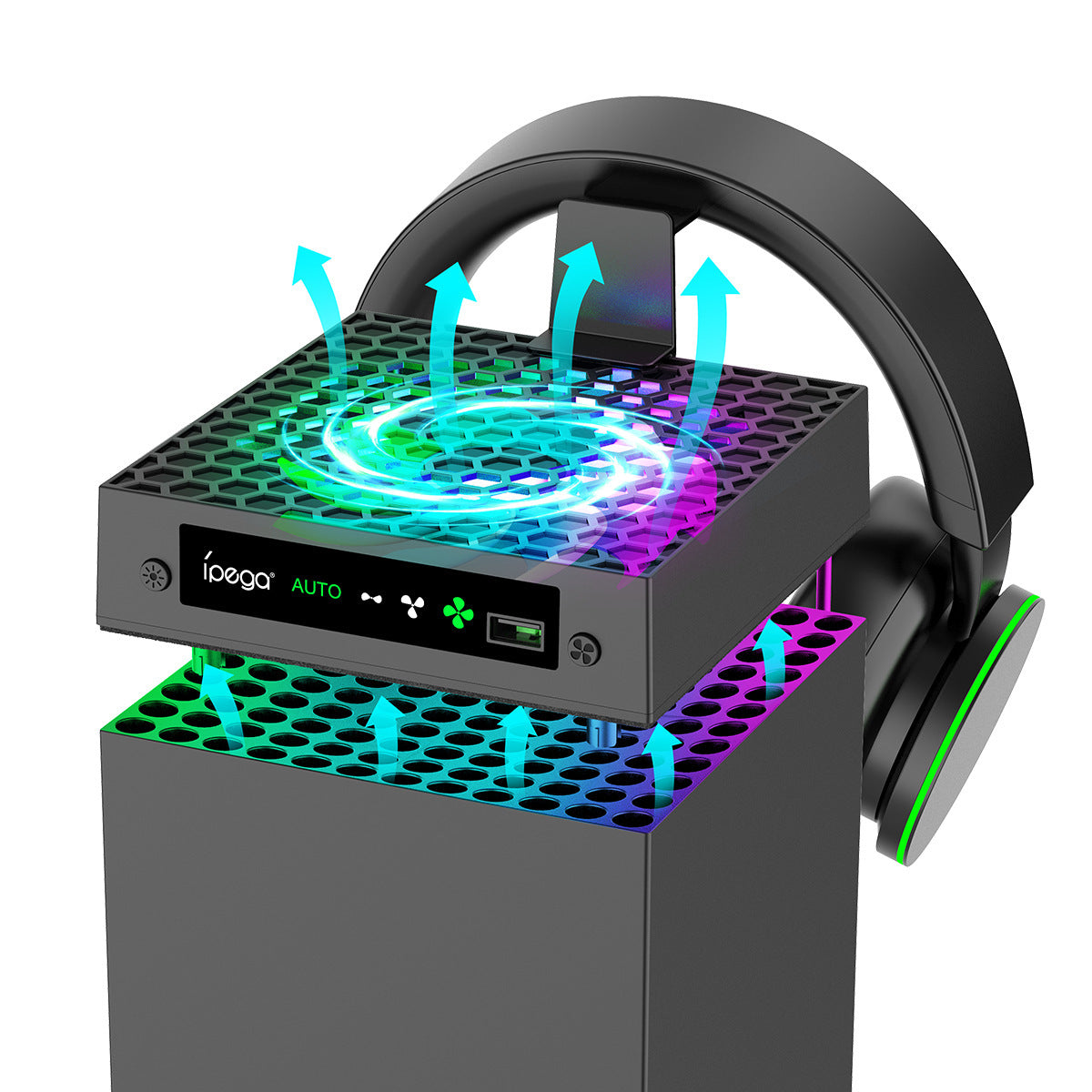 Xbox Series X Cooling Fan Stand with Temperature Display, RGB Lighting & Headset Holder