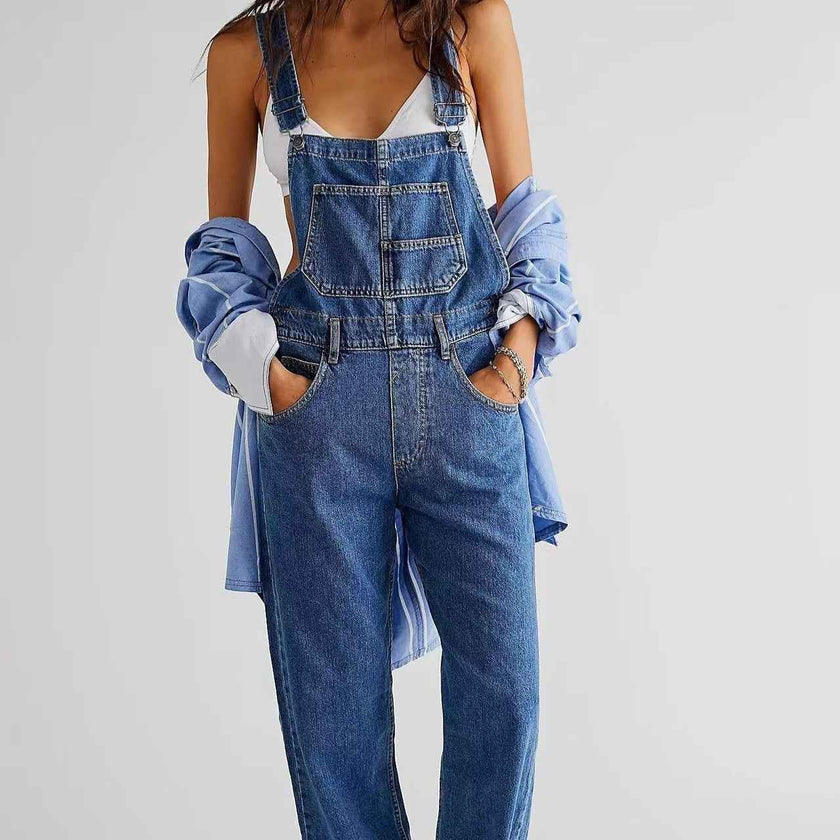 Women's High-Waisted Jumpsuit Overalls With Pockets Loose Fit Denim Trousers Casual Straight Leg Pants