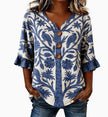 Womens Three-quarter-sleeve Buttoned Blouse With A Floral Pattern