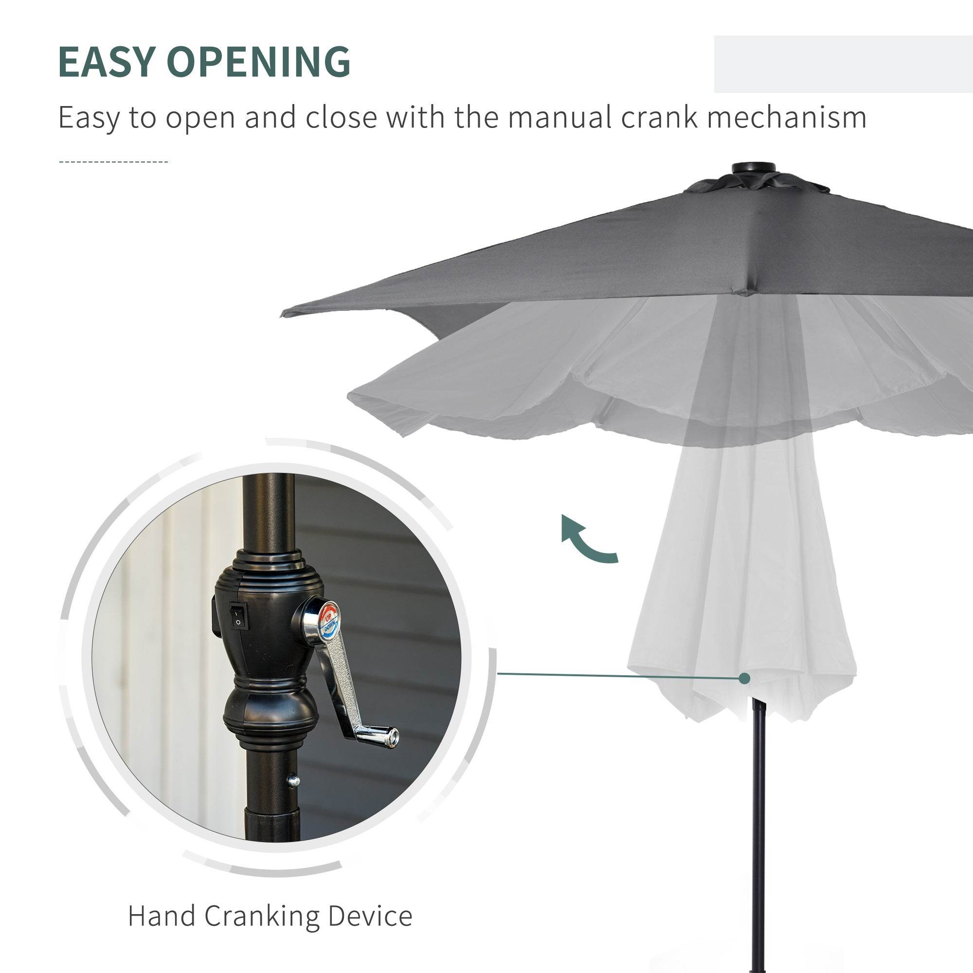 9 X 7 Ft Patio Umbrella Outdoor Table Market With Crank Solar LED Lights Tilt Button For Deck Dark Gray