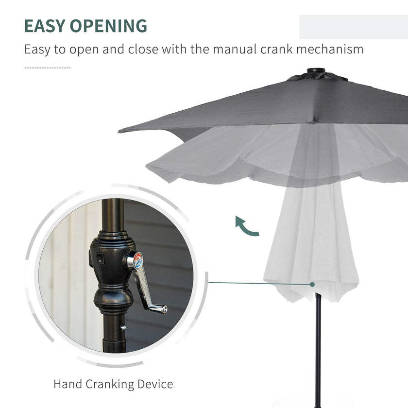9 X 7 Ft Patio Umbrella Outdoor Table Market With Crank Solar LED Lights Tilt Button For Deck Dark Gray
