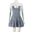 Hot Girl French Pleated V-neck Denim  Tube top Dress