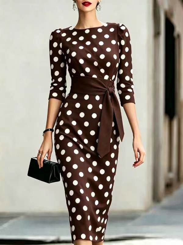 Retro Polka-Dot Belted Bodycon Dress – Elegant Knit Midi Dress for Women Canada