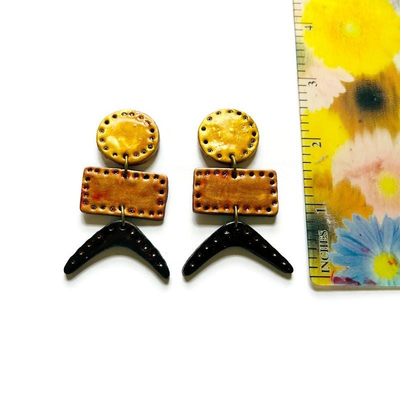 Edgy Geometric Earrings in Gold, Copper & Black with Post or Clip On