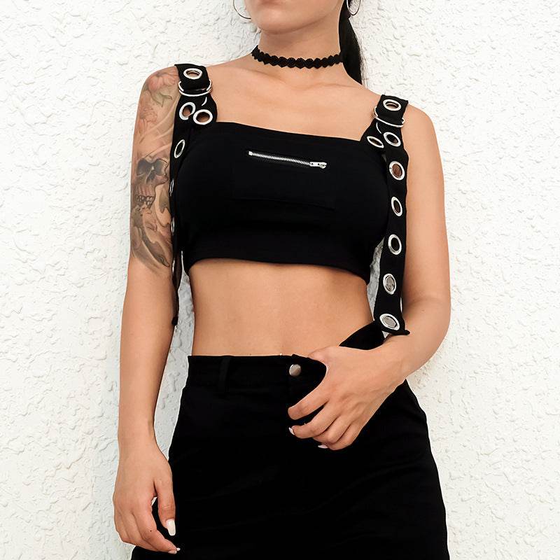 Summer Spring Black Tank Top Women Sleeveless Cropped Tops Hollow  Bustier Top Streetwear
