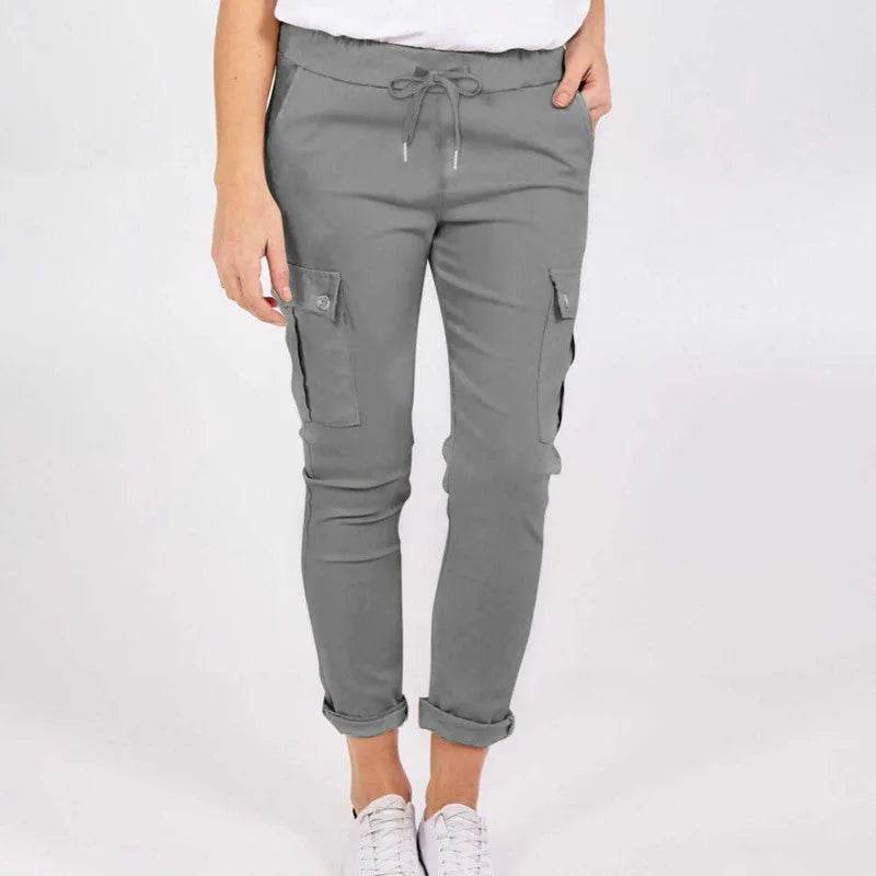Casual Cargo Pants With Pockets Solid Color Drawstring Waist Pencil Trousers For Women
