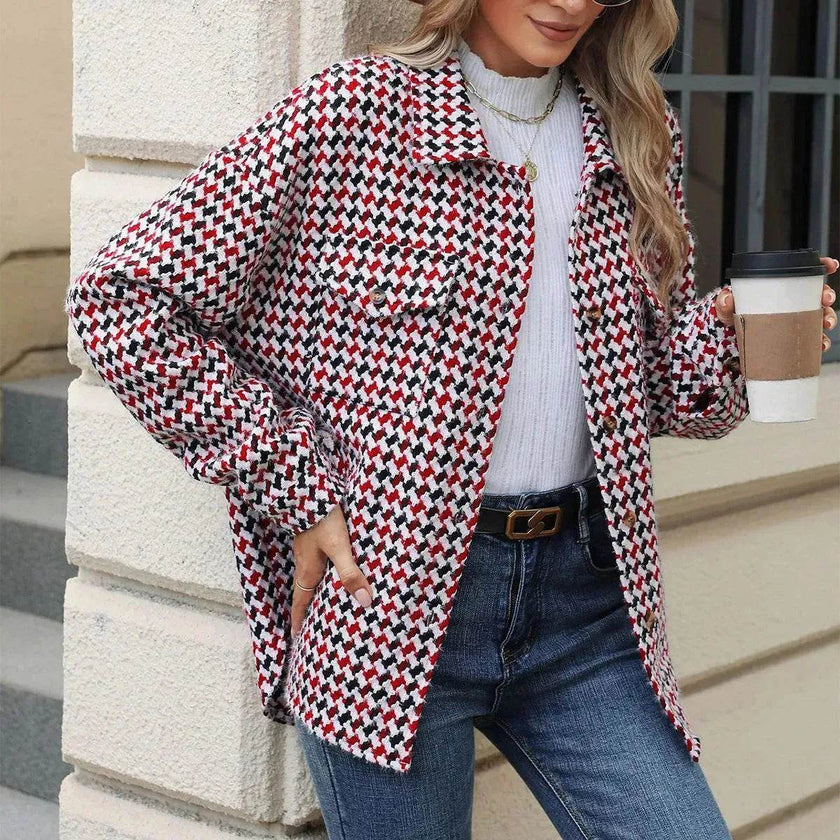 Casual Houndstooth Lapel Tweed Button long sleeve shirt tops for women