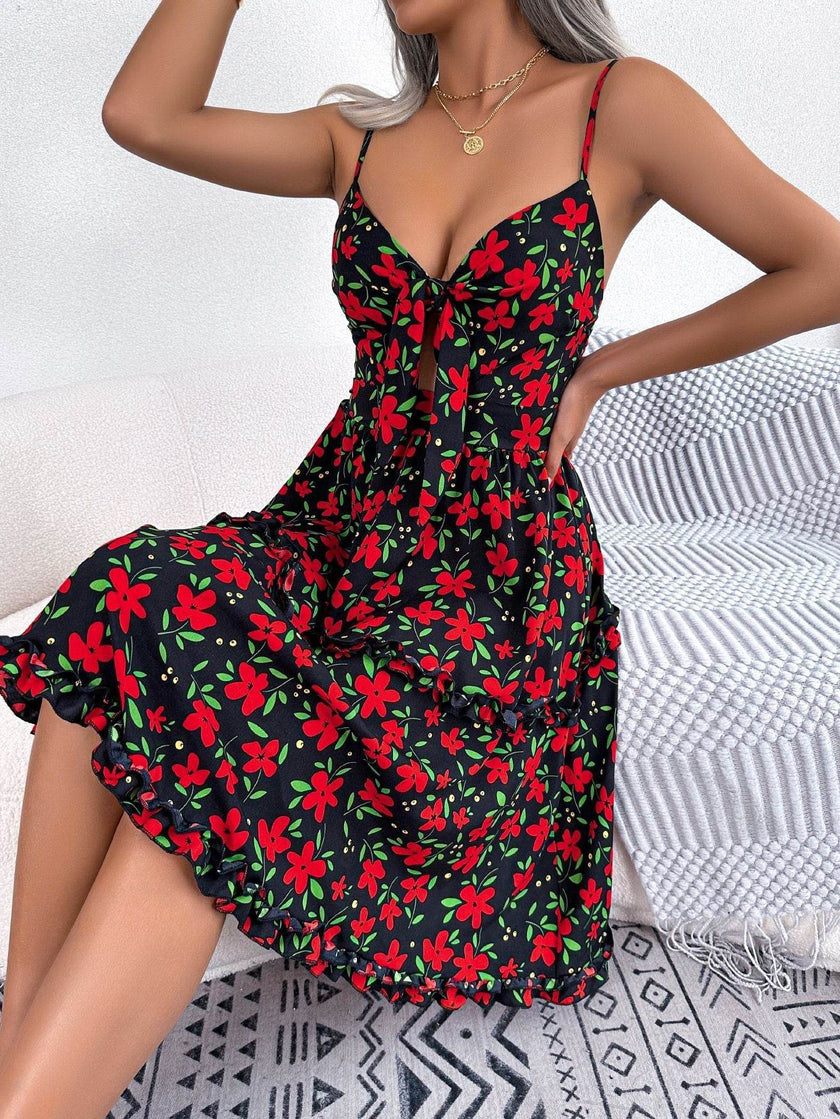 Spring And Summer Leisure Floral Spaghetti floral Midi Dress
