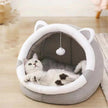 Enclosed Cat Cave Bed – Plush Winter Kennel with Dangling Toy | Bear, Cat, Mickey & More
