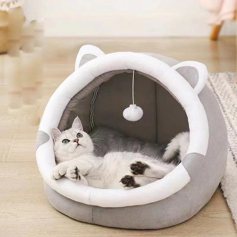 Enclosed Cat Cave Bed – Plush Winter Kennel with Dangling Toy | Bear, Cat, Mickey & More