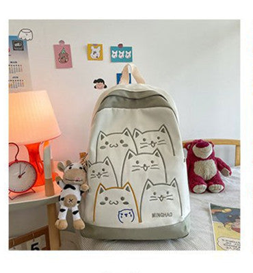 Korean Kawaii Cat School Backpack – Embroidered Nylon Bag, 5 Colours