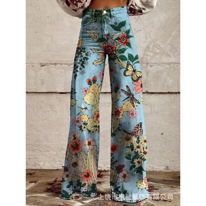 Graphic Printed Bell Bottom Pants for Women – 3D Print Flare Denim Trousers