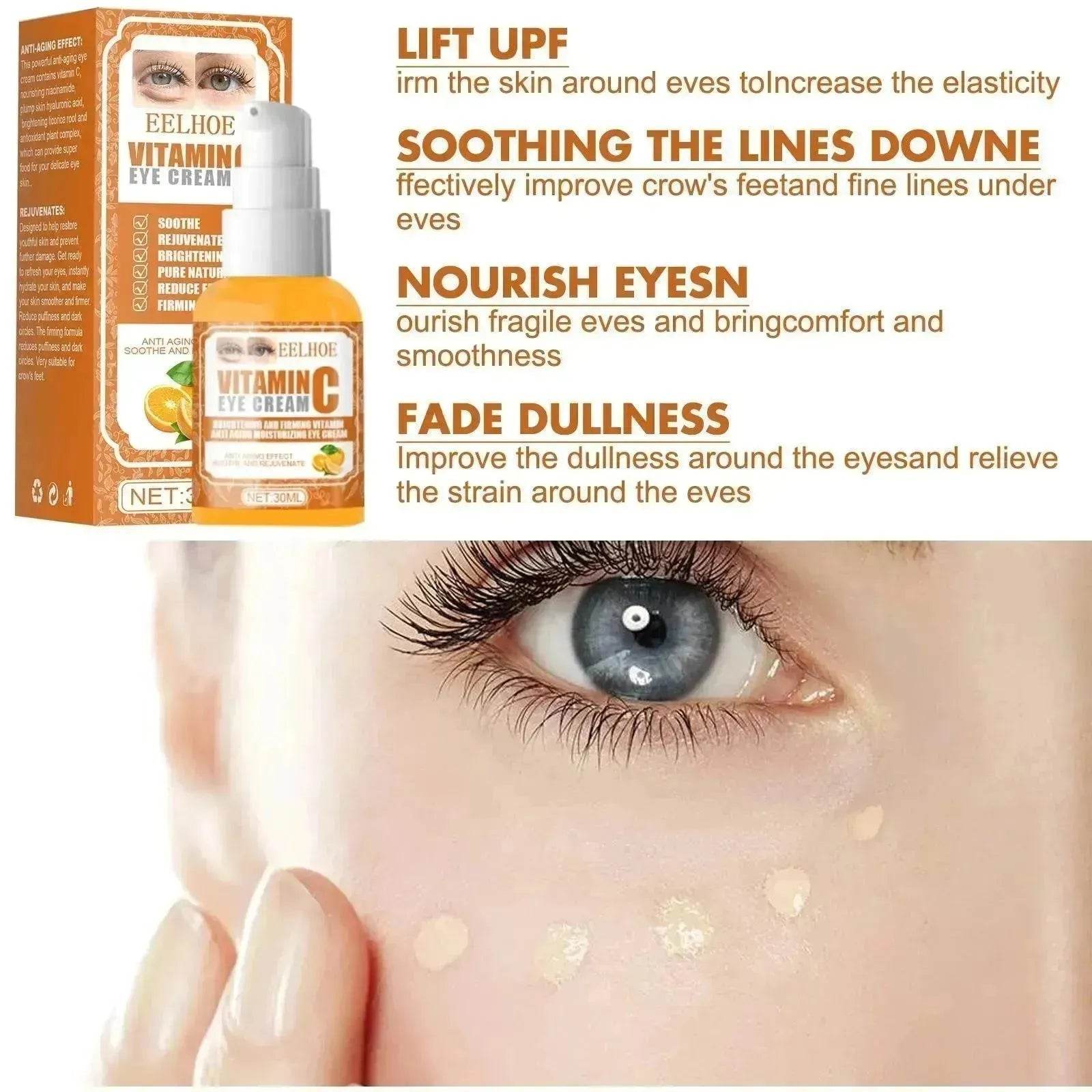EELHOE Vitamin C Eye Cream Brightens Dark Circles Soothes Rejuvenates Anti-Aging Removes Eye Wrinkles