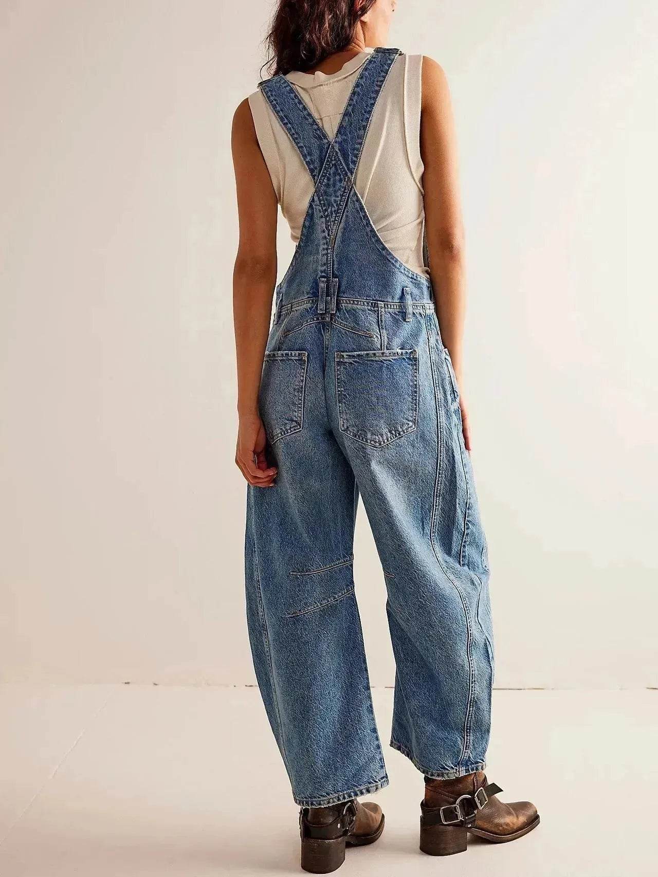 Women's Loose Denim Overalls Jumper – Casual Bib Suspender Jeans Jumpsuit with Pockets | Streetwear