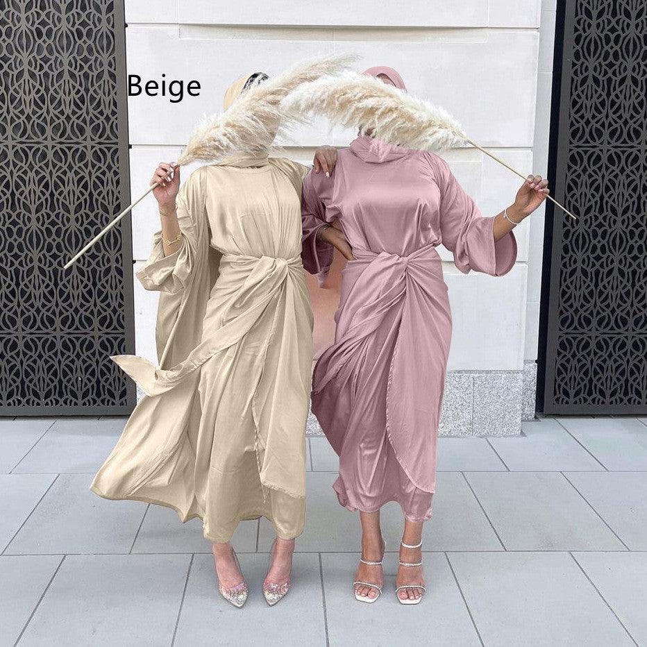 Women’s 3 Piece Abaya Set – Modest Satin Maxi Dress with Belt & Open Kimono Cardigan