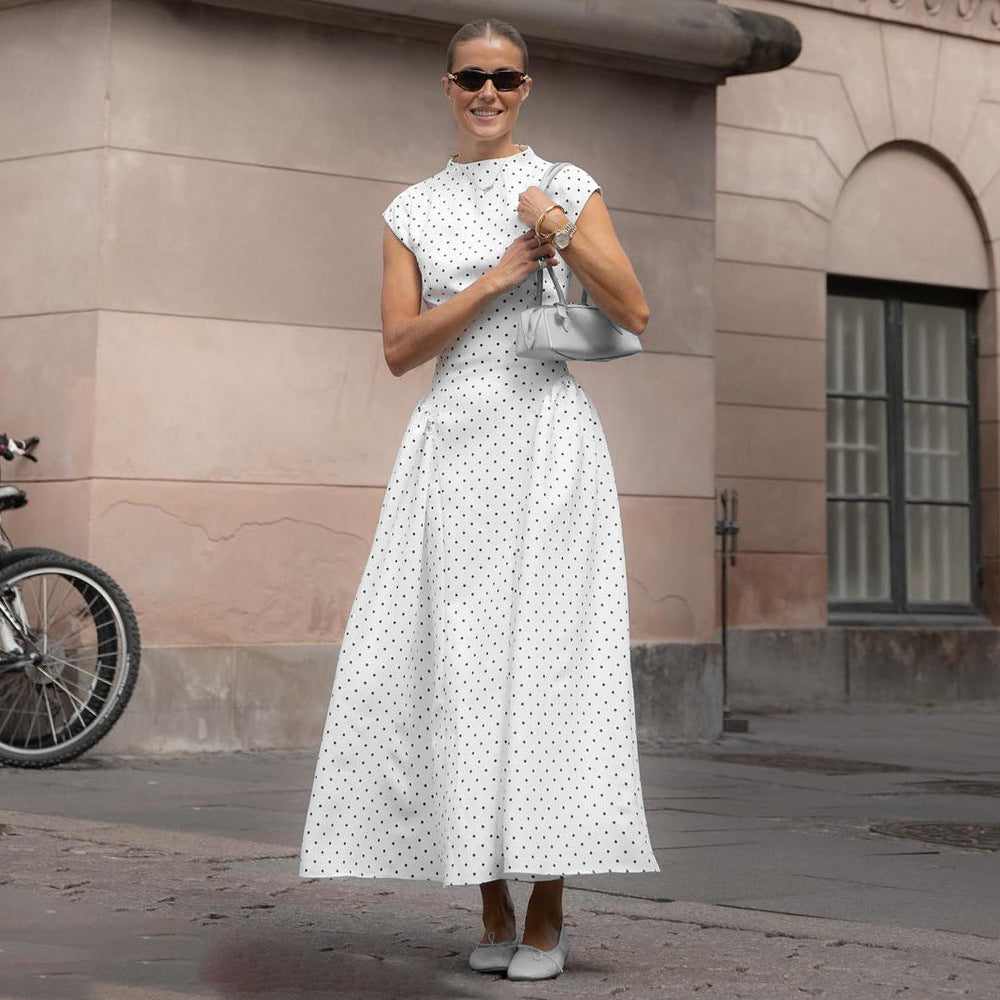 Retro Printed High Waist Maxi Dress – Sleeveless Crew Neck Floor-Length Dress for Women