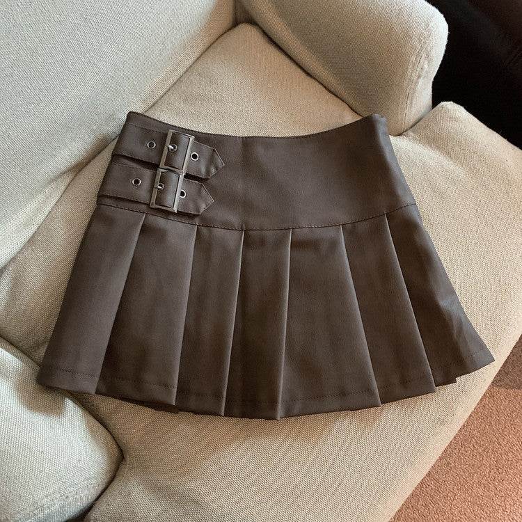 Women's American-style Vintage Mini  Pleated Leather Skirt