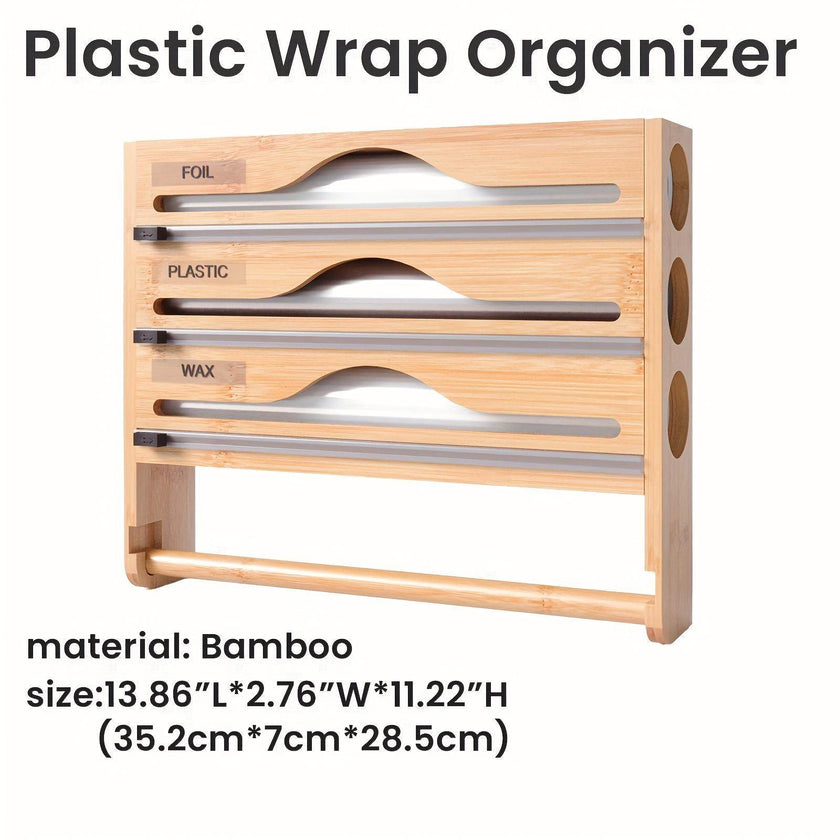 3 grid Bamboo Wood Wall Mounted Food Wrap Dispenser