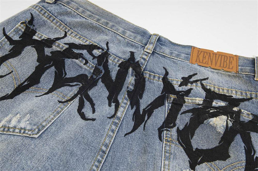 Punk Make Old Ripped Letter Denim Trousers Men Jeans