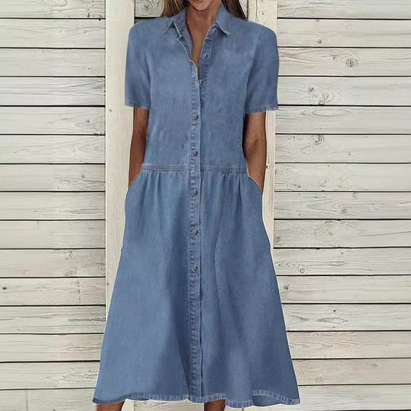 Women's European And American Lapel Casual loose button down Midi Denim jeans Mum Dress