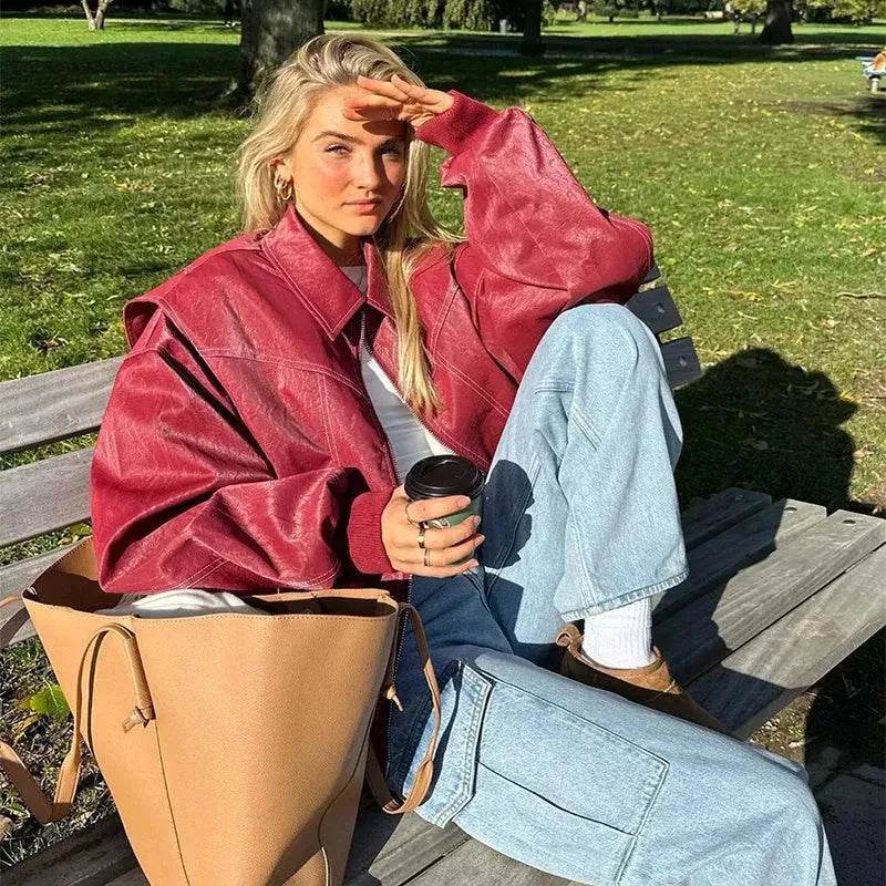 Oversized Fashion Zip-up Lapel Leather Jacket for women