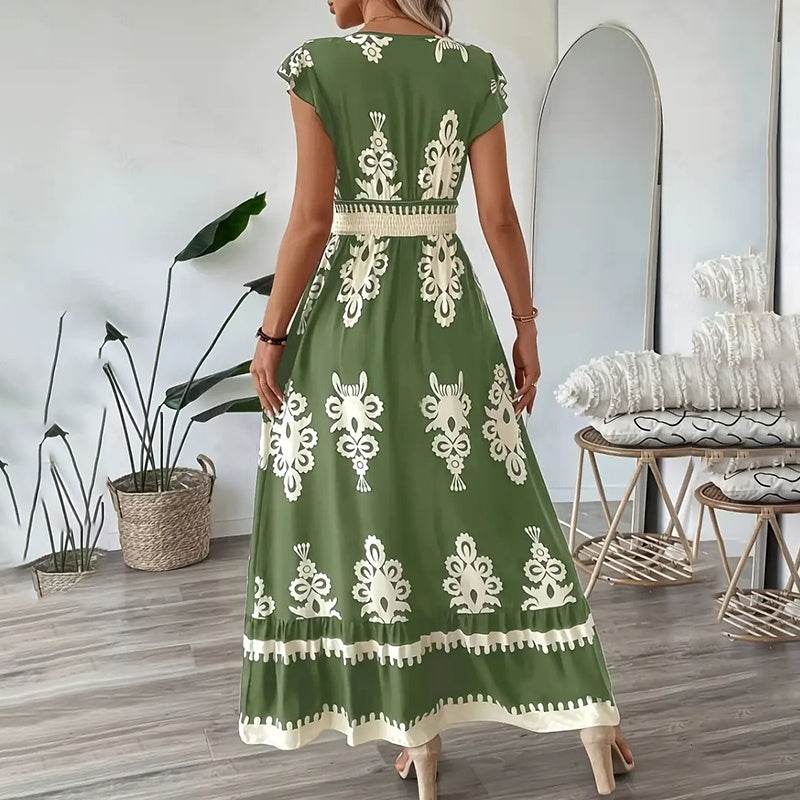 Women's Summer Flowy Maxi Dress Casual Cap Sleeve V Neck Smocked Waist Beach Sundress