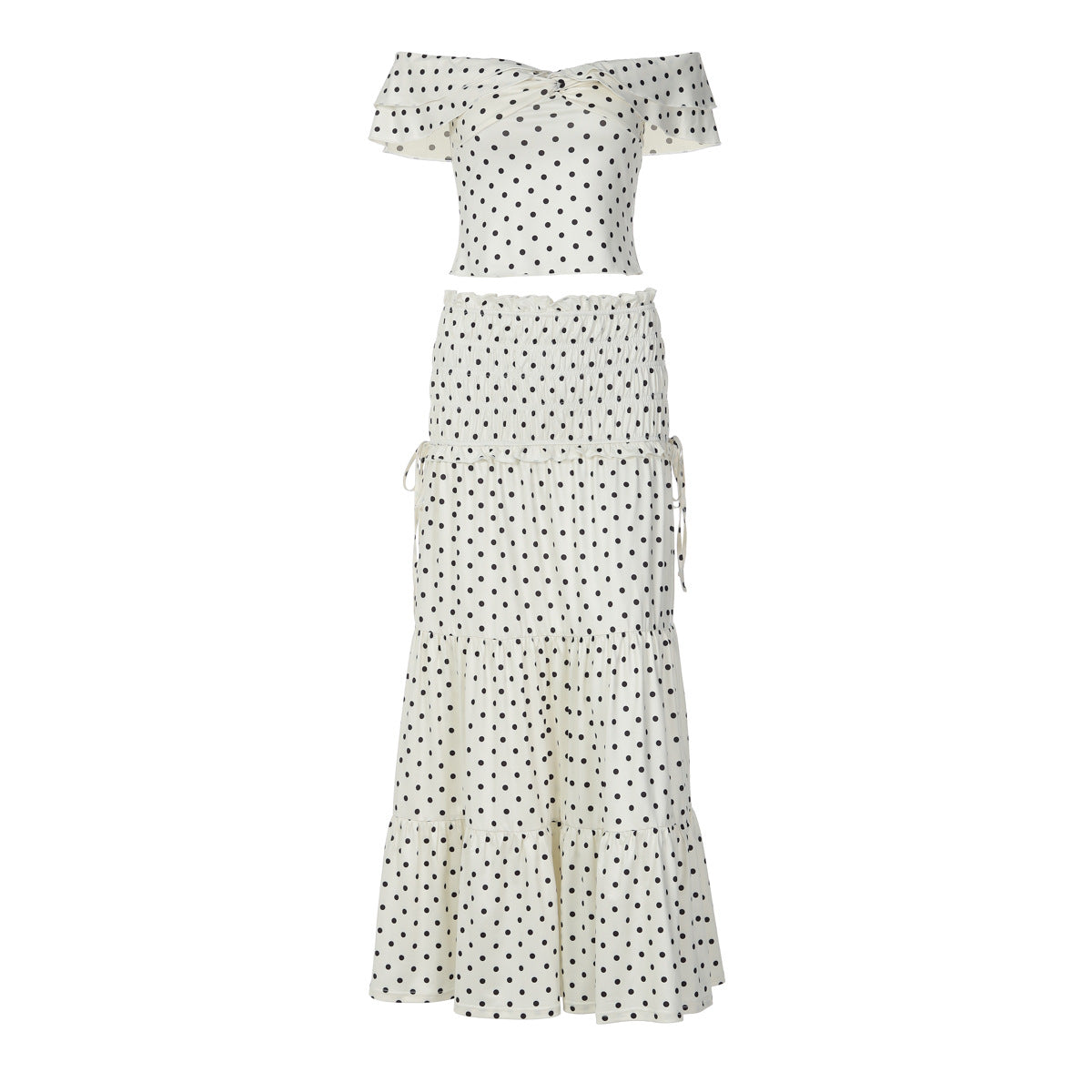 Polka-Dot Off-Shoulder Tube Top & Long Skirt Set with Side Bow | Women's Two-Piece