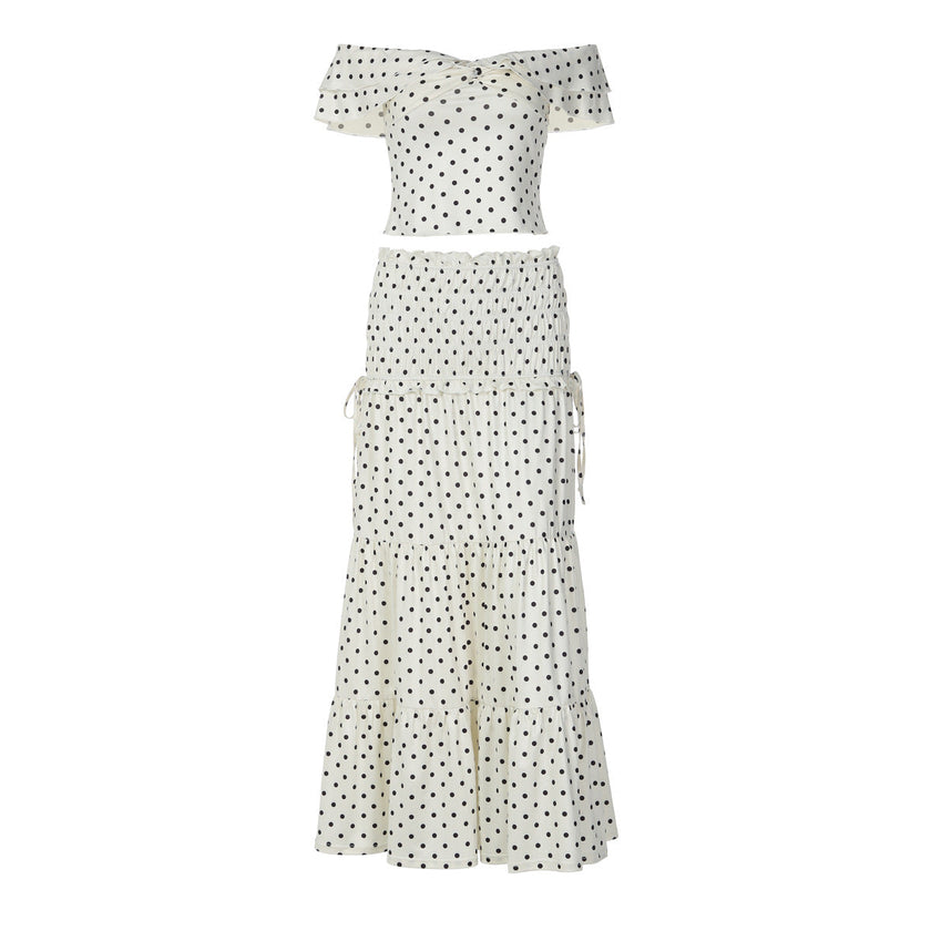 Polka-Dot Off-Shoulder Tube Top & Long Skirt Set with Side Bow | Women's Two-Piece
