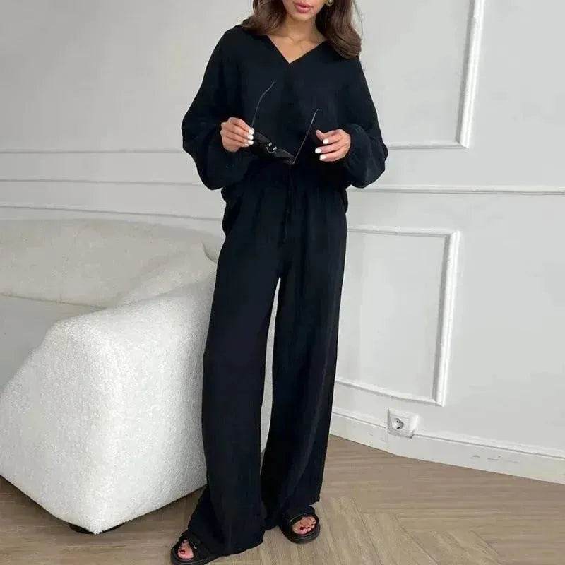 Elegant Women Casual Loose Outfit Female Long Sleeve Top Drawstring Trousers