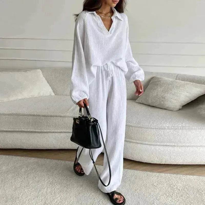 Elegant Women Casual Loose Outfit Female Long Sleeve Top Drawstring Trousers