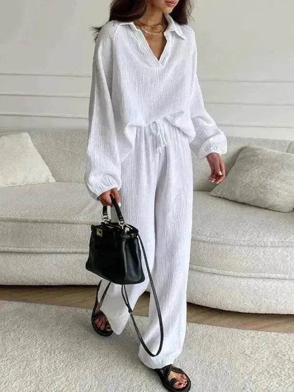 Elegant Women Casual Loose Outfit Female Long Sleeve Top Drawstring Trousers