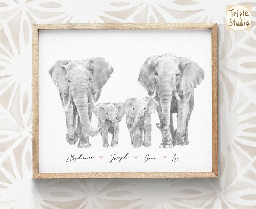 Elephant Family Portrait Print with Personalized Names
